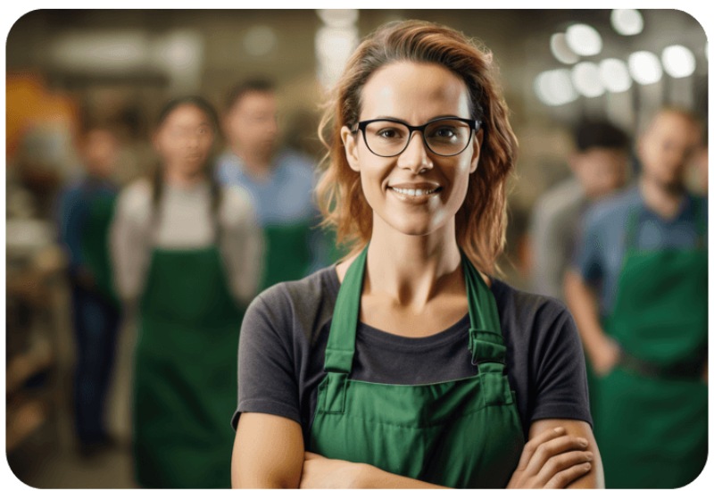 Store employee in green apron, representing business security needs in Austin & Dallas, TX