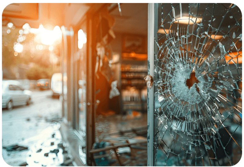 Storefront with shattered glass window, showing need for security systems in Austin & Dallas, TX