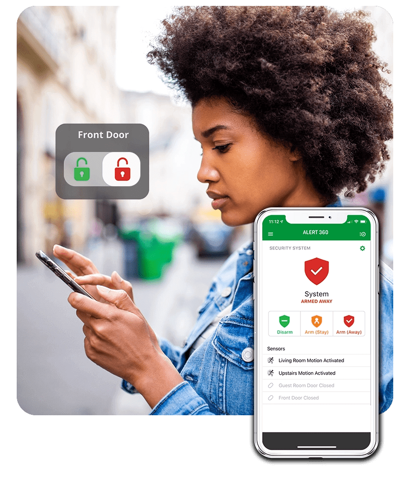 A person holding a smartphone with a home security app showing system armed status in Phoenix, AZ