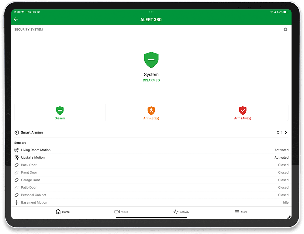 A smart home security panel on a tablet showing motion sensors and door status in Phoenix, AZ.