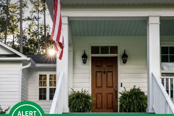 Front of home with a video doorbell and a keyless lock